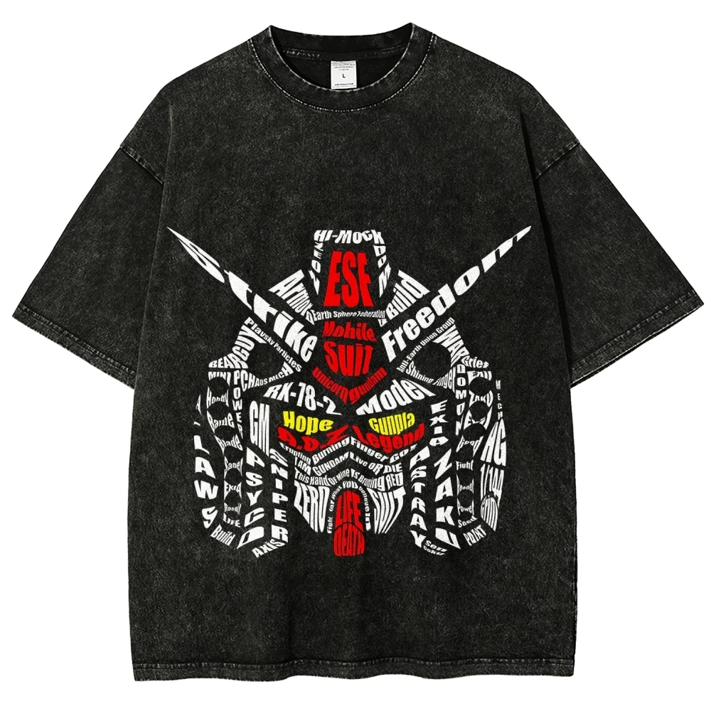 Gundam RX-78-2 T-Shirt für Herren, Word Cloud Art, Vintage, Acid Wash, Mecha, Streetwear, übergroß, Retro, japanische Anime-Grafik-T-Shirts