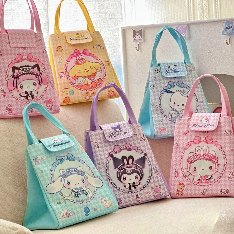 Sanrio Portable Lunch Box Bag Kuromi Hand-held Lunch Bag Large Capacity Student Handbag PU Leather Lunch Bag Storage Bag