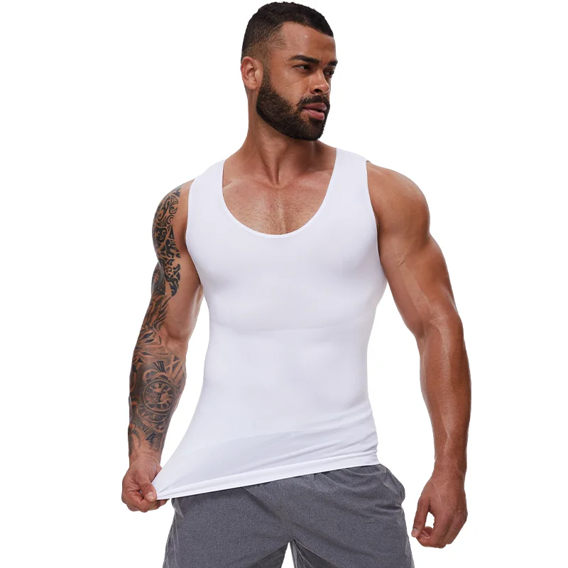 2 PCS Men Slimming Shapewear Sexy Body Shaper Posture Correct Vest Compression T-Shirt Body Building Fat Burning Chest Tummy Control Tank Top Sleeveless Under Shirt Breathable Soft Waist Trainer Round image 7