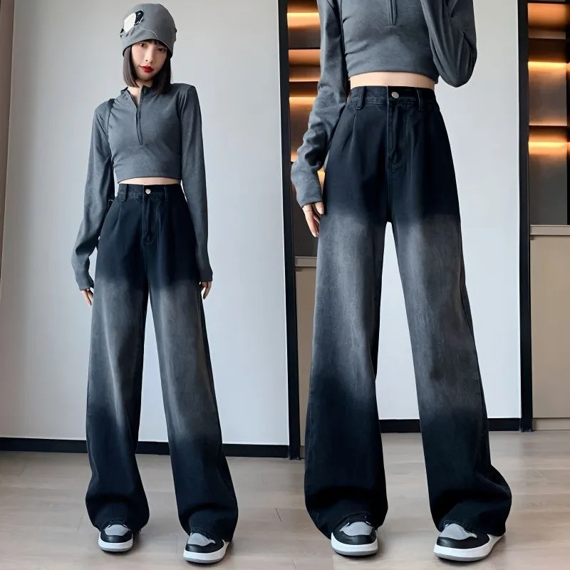Women Black Denim Pants Loose Tight High Waist Straight Cylinder Wide Legs Student Oversize Jeans 80 To 200 Pounds Can Wear 2023