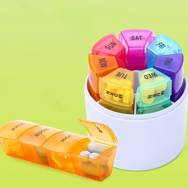 28Grids Pill Box Weekly Medicine Box Organiser Portable Colorful Round Dispensing Pill Case Set for Home Outdoor Travel