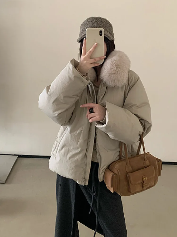 

Casual White Du down Jaet Women's Coat with Fur Collar Slimming Small Size Winter Outerwear Thiened Long Sve Zipper