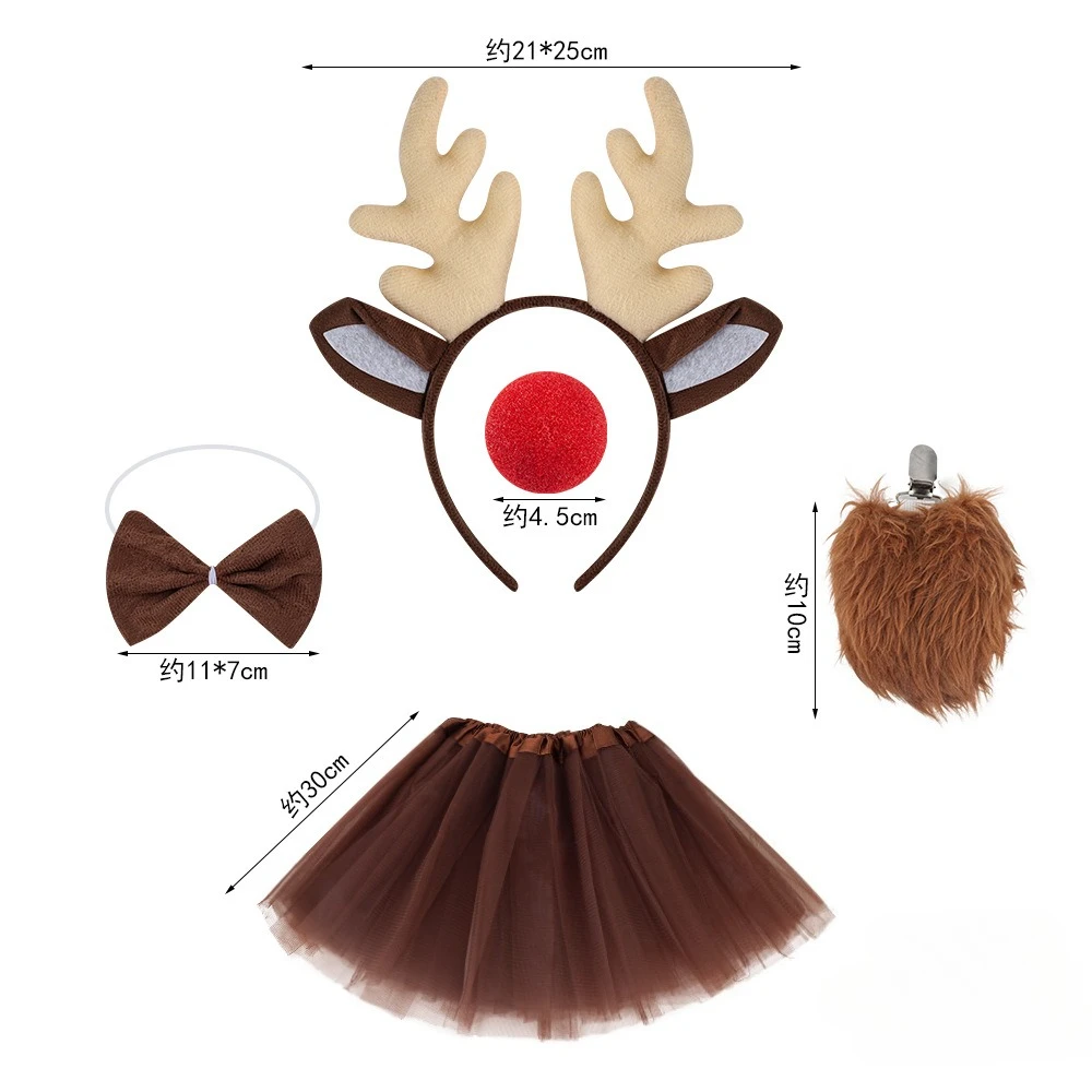 

Christmas Halloween Costume Reindeer Deer Elk Ear Antlers Headband Tutu Skirt Tail Red Nose for Party Cosplay New Year