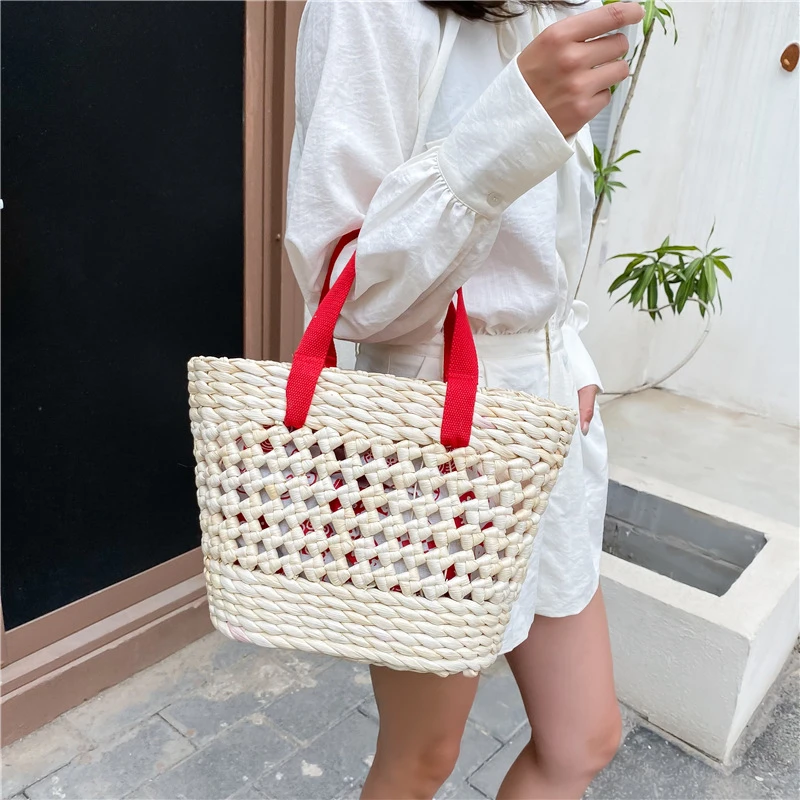 New Handmade Weave Women\'s Bag Fashionable Solid Color Hollow Vegetable Basket Female Handbags Summer Beach Straw Bag Purse