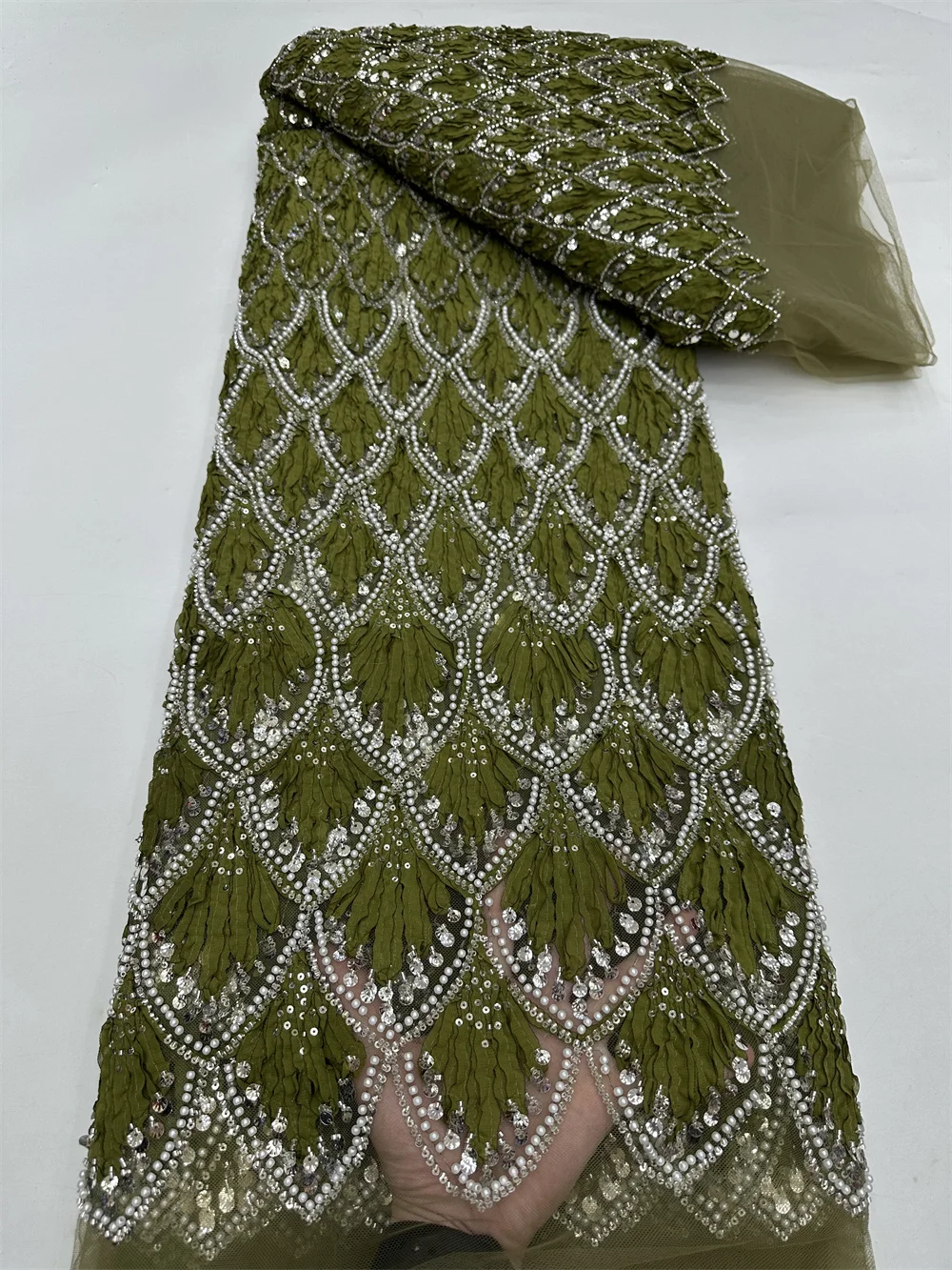 

Luxurious African Net Mesh Beads Lace Fabric 2025 3D Embroidery White With Beads Sequins French Tulle Lace For Nigerian Wedding