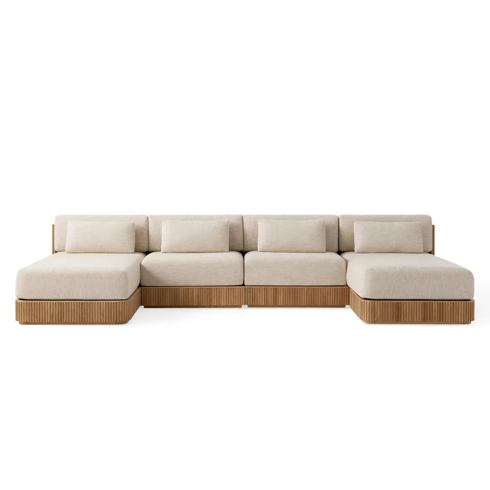 Stylish outdoor 4-seat teak sofa with striped design, premium A-grade teak weathering patio seating