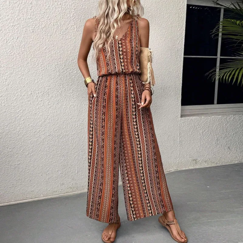 

Jump Suits for Women New Summer Elegant Print Spaghetti Strap Elastic Waist Jumpsuit Women Sexy Comfortable Jumpsuits 2025 Q269