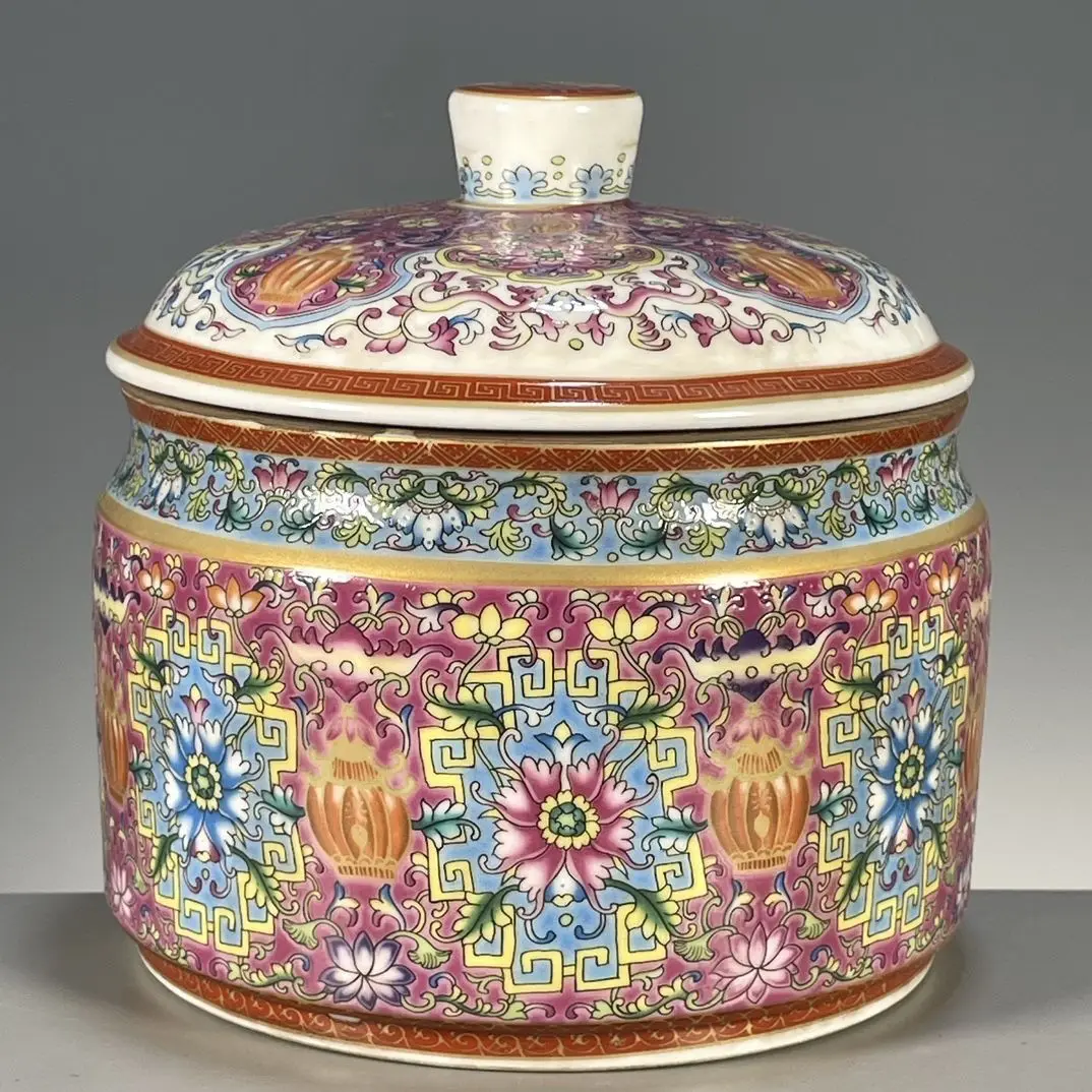 Chinese Collectible Lidded Porcelain Jar Qing Qianlong Reign Mark Hand Drawn Enamel Color Bogu Antique Flower Motif Decor Vessel