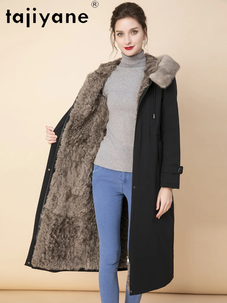 TAJIYAN Natural Lamb Fur Parka Warm Thick Coat Leather-Attached Liner Cold-Resistant Outerwear 2025 Winter Woman Clothes шуба