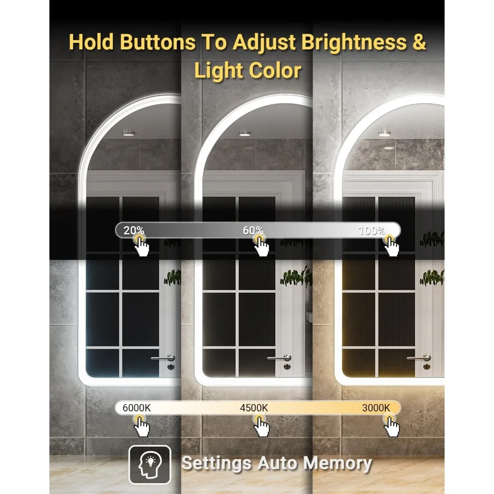 Lustro łazienkowe LED w kształcie łuku, 24x36 cali, z białą ramą zapobiegającą parowaniu i 3-kolorowym, ściemnianym oświetleniem.