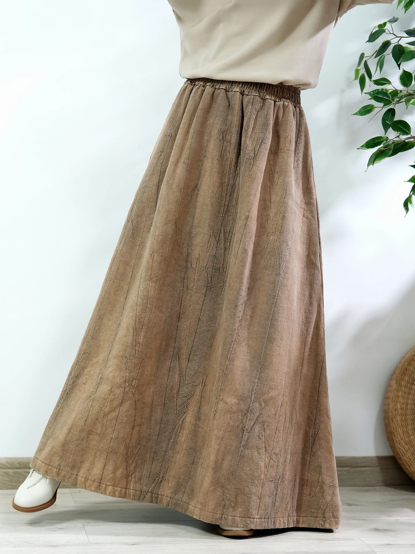 TIYIHAILEY Neue Lange Maxi Frauen Elastische Hohe Taille Fleece Innen Baumwolle Leinen Herbst Winter Dame A-linie Röcke Big Hem Braun