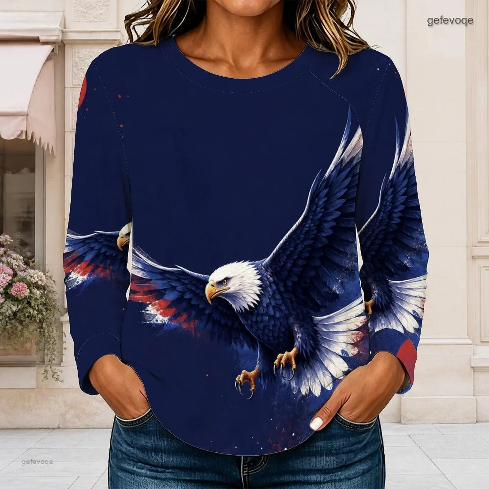 Women Red White Blue Spiral Star Print Round Neck Long Sleeve Curved Hem Top