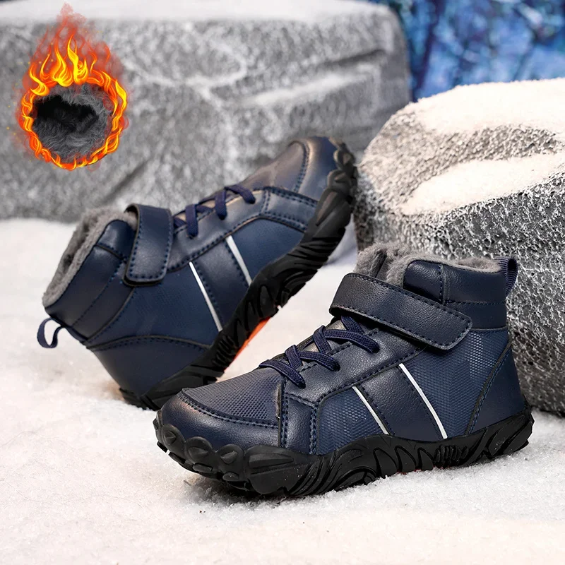 Botas de inverno das crianças ao ar livre sapatos descalços para meninos à prova dwaterproof água de pelúcia quente tornozelo botas de neve crianças meninos tênis antiderrapantes