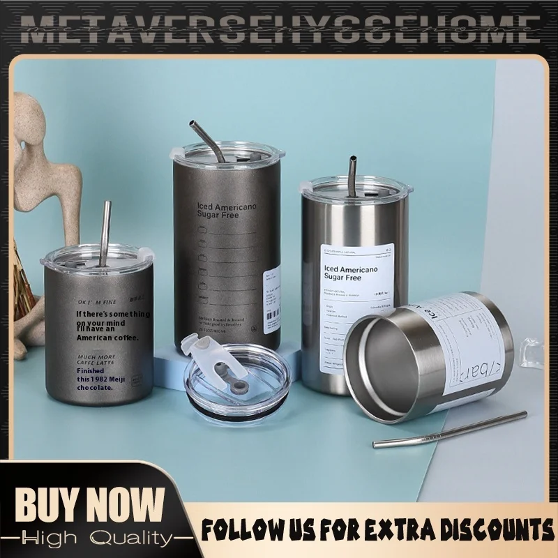 

320ML/600ML Stainless Steel Iced American Coffee Cup Double-Layer Vacuum Straight Cups With Straw Portable Anti Drop Thermos Cup