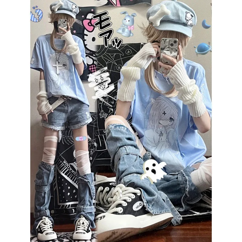 

New Japanese Style Clothing Tee Kawaii Sweet Cute Girl Anime Printed Subculture T-shirt Loose Angel Advent Short Sleeve Tops