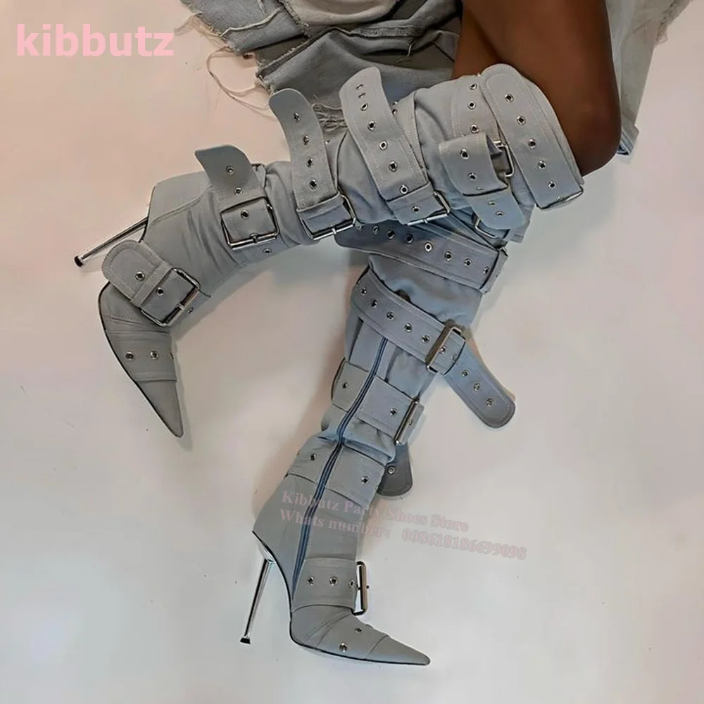 

Over-The-Knee Boots Belt Buckle Cotton Silver Metal Heel Pointed Toe Fully Removable Side Zippers Solid Fashion Sexy Breathable