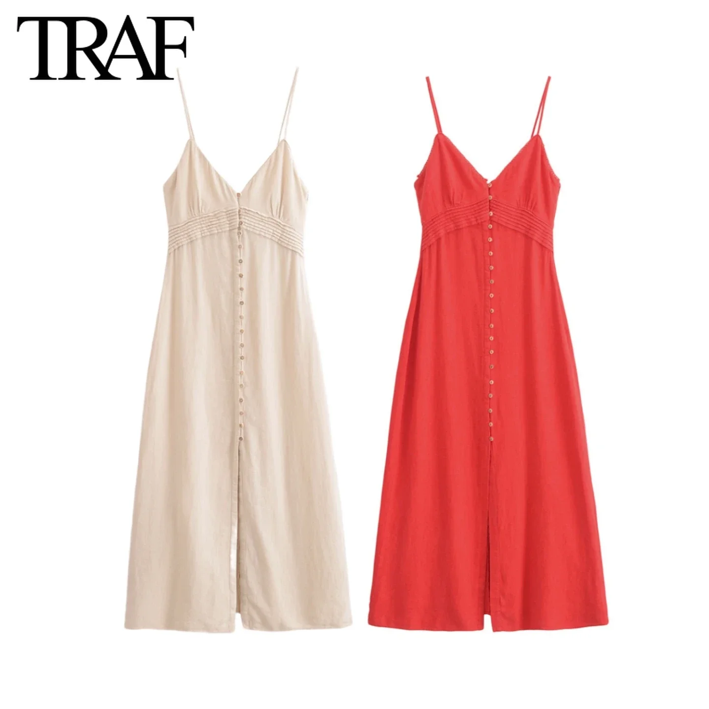 TRAF Women Fashion Summer New Linen Split Sleeveless Backless V-Neck Sling Long Dress Chic Female French Elegance Evening