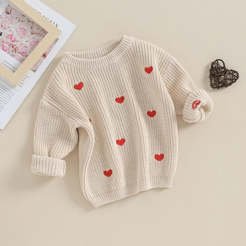 

Newborn Baby Girl Sweaters Cute Long Sleeve Heart Embroidery Knit Pullovers Infant Jumper Tops