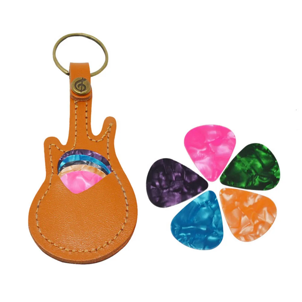 

1set Guitar Pick Holder Keychain Mini Guitar Shape Plectrum Case Bag Khaki Portable Pick Bag Protector Copper