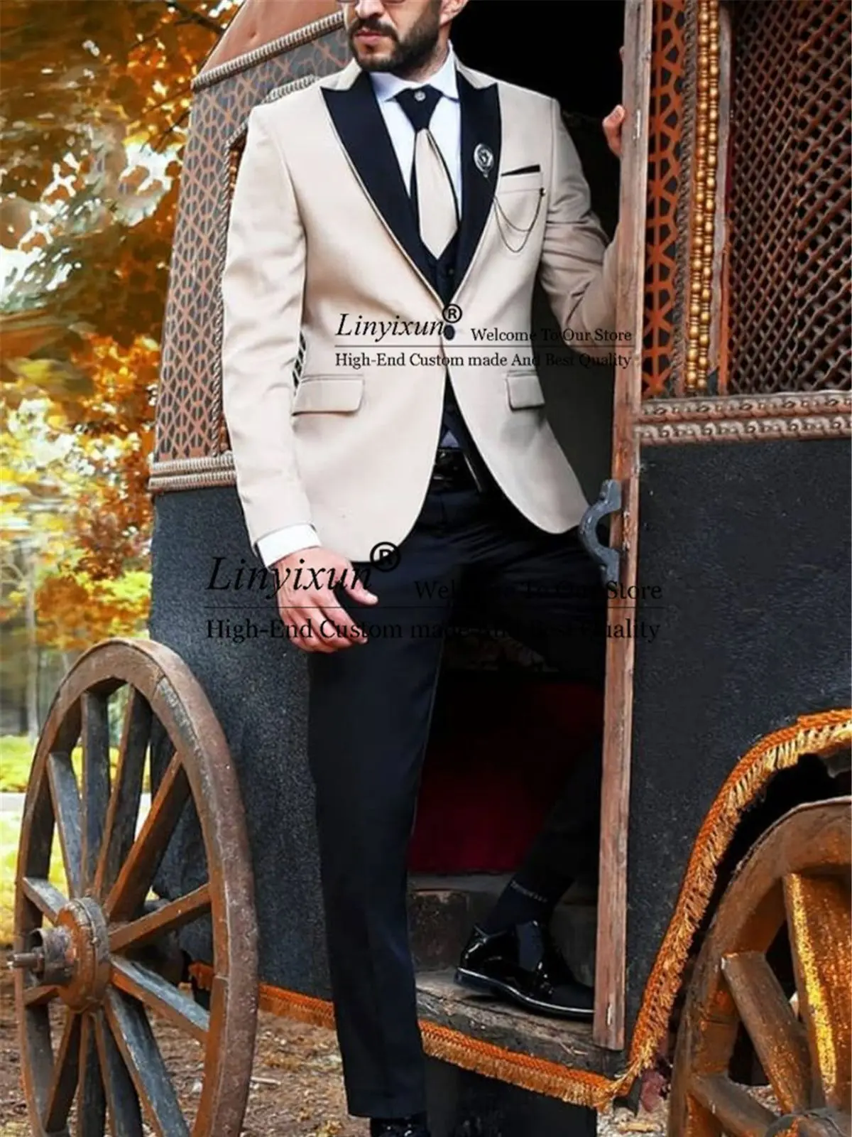 

Handsome Beige Groom Tuxedo Peak Lapel Groomsmen Wedding Suits 3Pieces Set Men Prom Blazer Set Vest Pants Outfit Terno Masculino