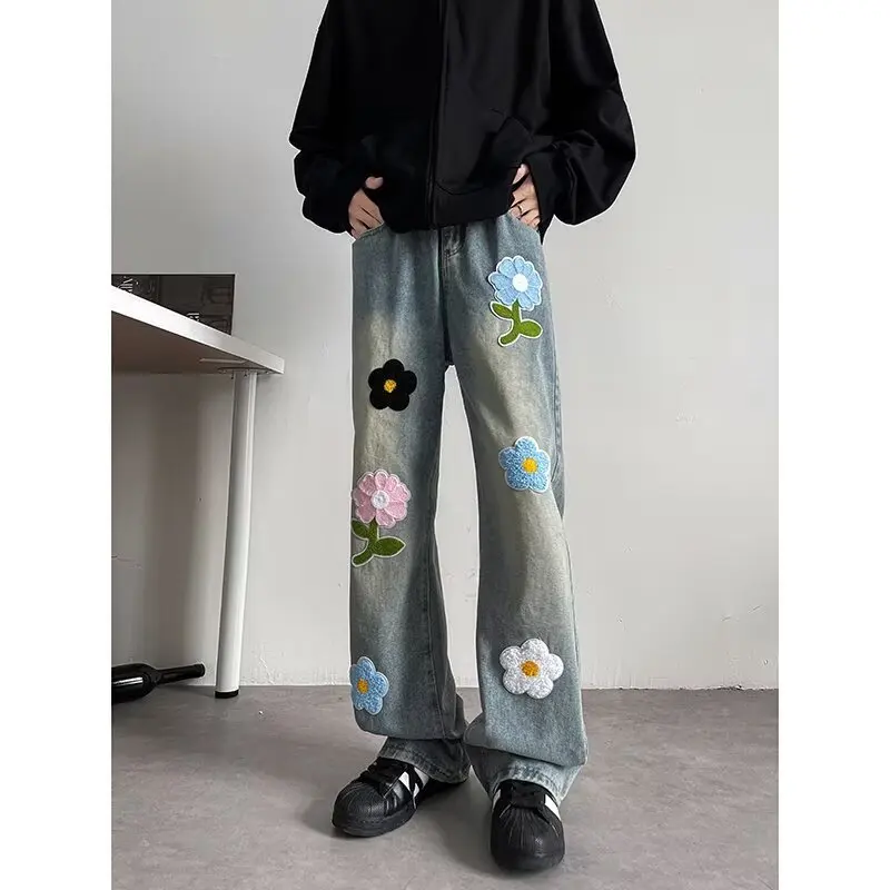 Retro Petal Embroidered Pattern Jeans Men Creative Spring/autumn Loose Fitting Straight Leg Wide Leg Washed High-quality Pants