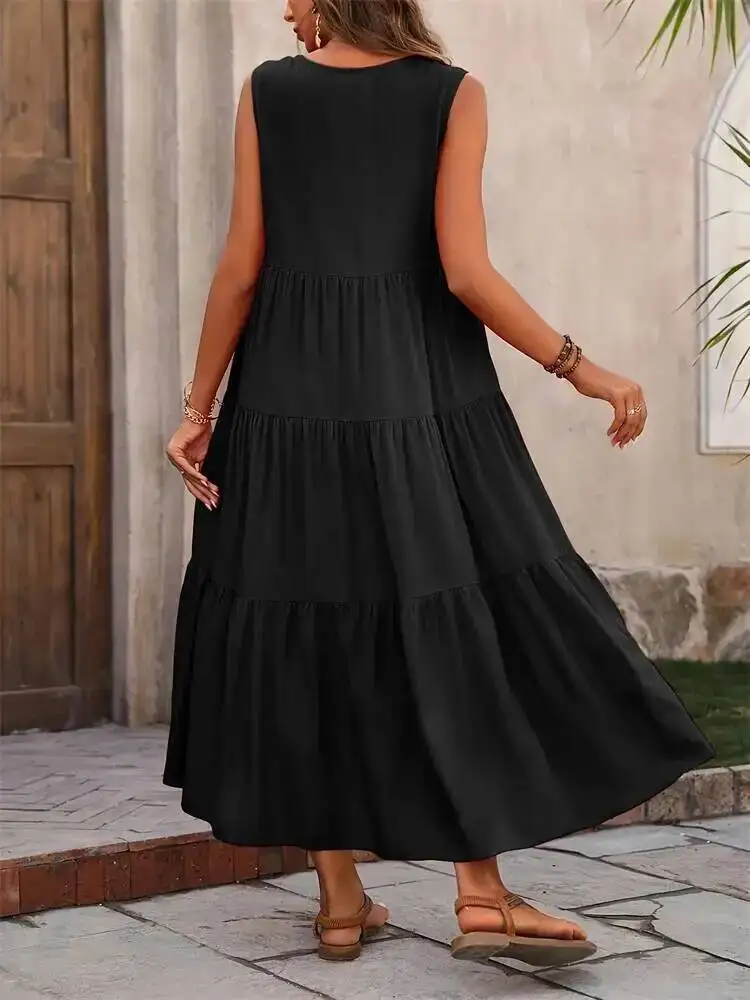 2025 Women Dress Summer Casual Brand Vacation Holiday Beach Long Dresses V-neck Loose Elegant Yellow Black  Dress Femme C4Z0