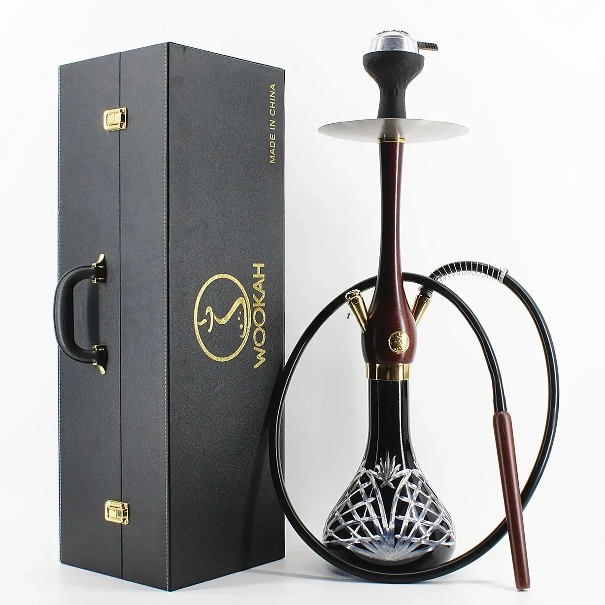 خرطوم واحد زجاجي من الفولاذ المقاوم للصدأ مخصص، شيشة كبيرة الحجم، تغليف صندوق هدايا جلدي فخم
