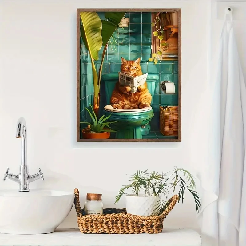บทคัดย่อที่น่าสนใจแมวสีส้มอ่านหนังสือพิมพ์ห้องน้ําผ้าใบโปสเตอร์ภาพผนังตกแต่ง,ภาพวาด,ตกแต่งบ้าน