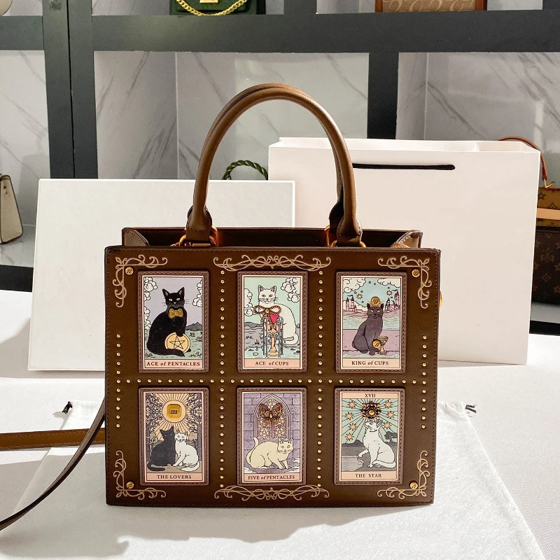 

Высококачественная женская сумка на тему кота, брендовая сумка на плечо с вышивкой и шипами, винтажный большой вместительный портфель с кошачьим принтом, женские сумки