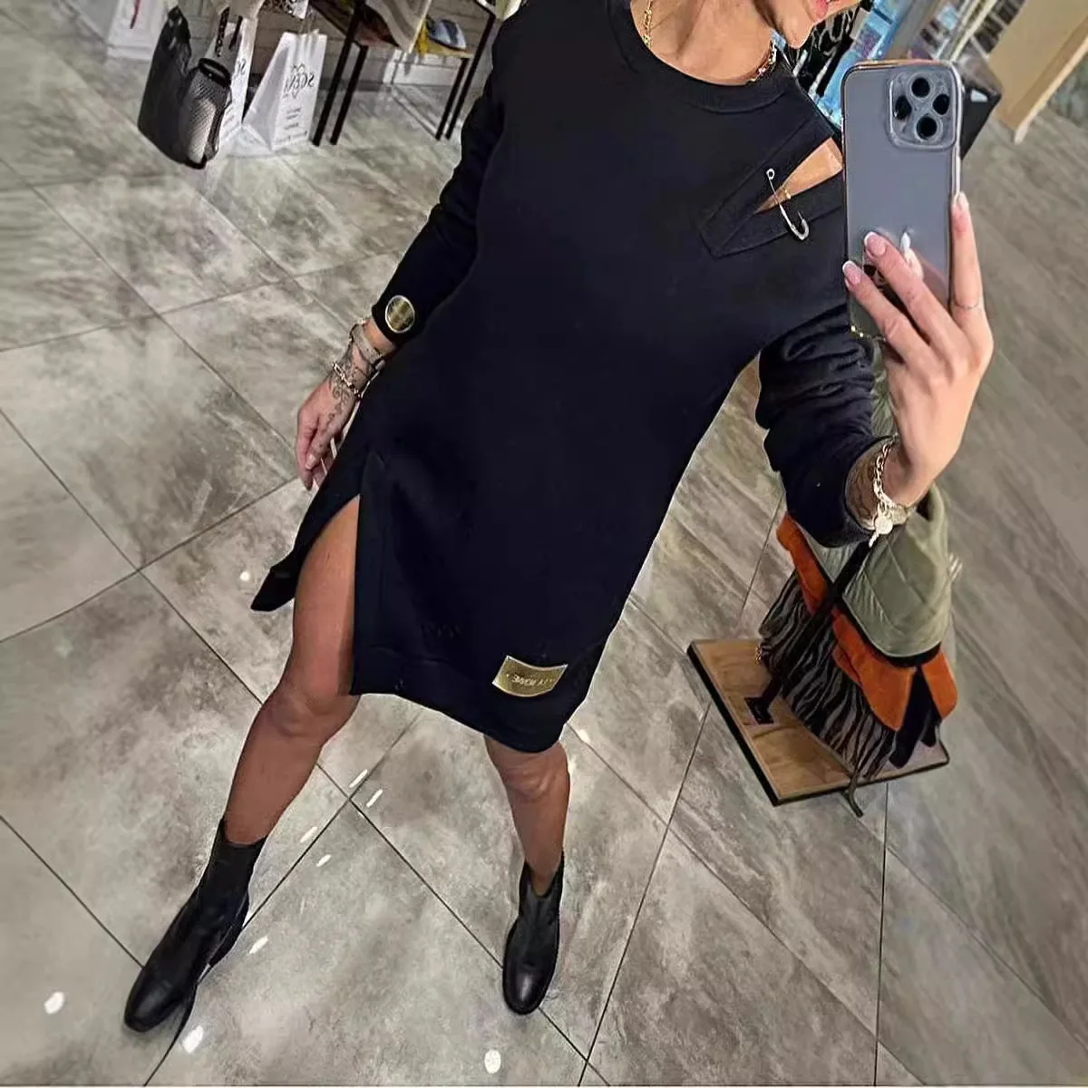 Casual Loose Women Sweatshirt Dress Fashion Patches O Neck Pullover Long Sleeve Autumn Winter Hollow Hoodie Dresses Women\'s