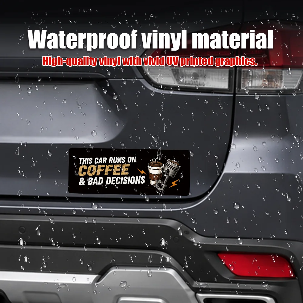 Funny Car Stickers 2Pcs Waterproof Vinyl This Car Runs on Coffee Bad Decisions Bumper Decals for Rear Window Cars Trucks SUVs