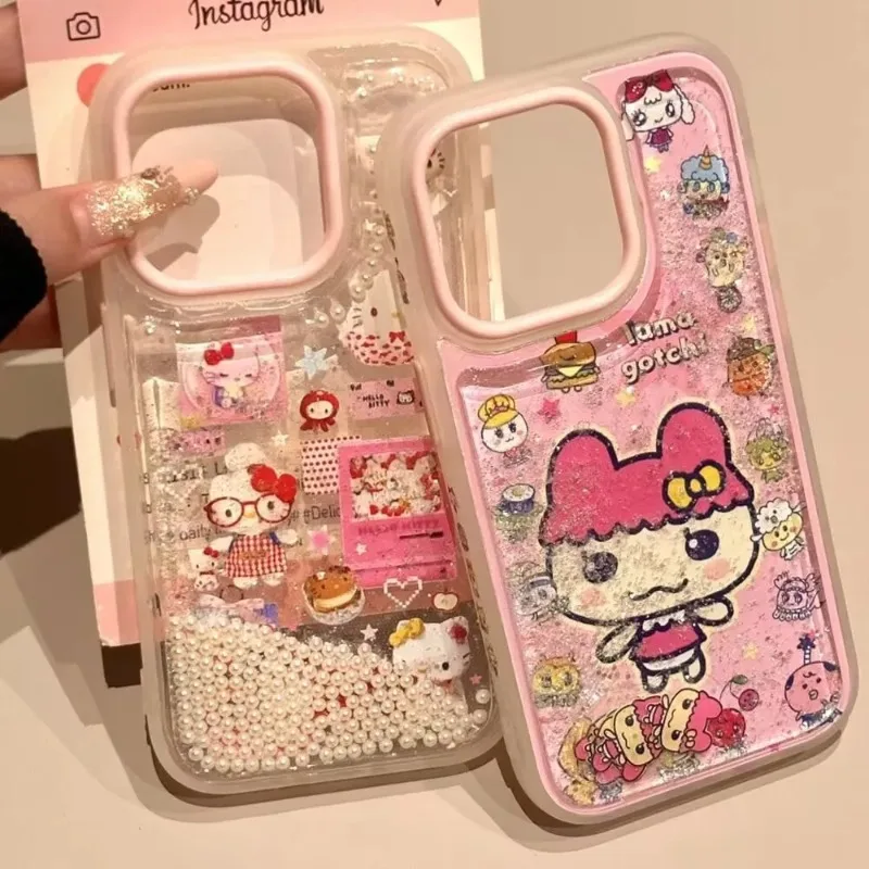 

kawaii Hello kitty Tamagotchi chamametchi pink Flowing sand phone case For IPhone 16promax 15pro14 13 12 11 Pro Max girls gift