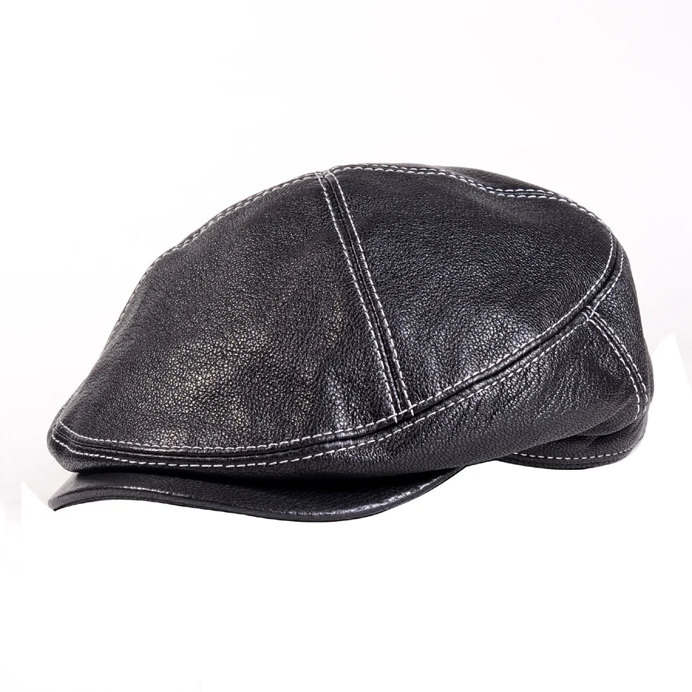 Men's Women's Winter Warm Genuine Leather Adjustable Casual Newsboy Beret Flat Fisherman Caps/Hats