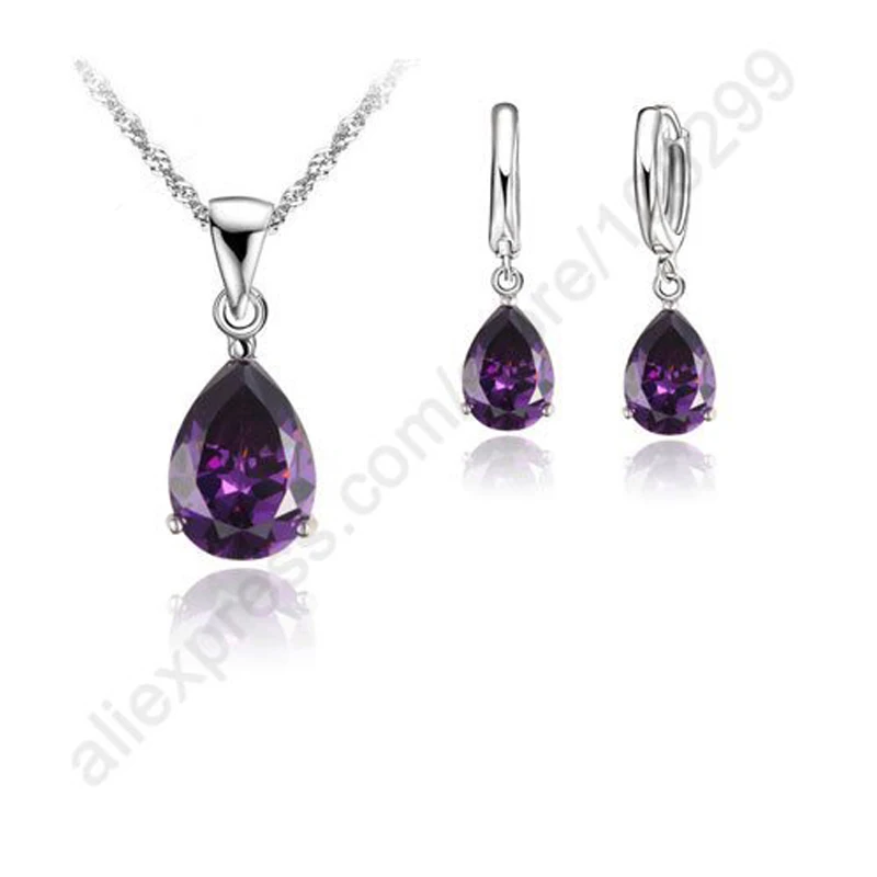 High-End Purple Waterdrop Silver Color Color Crystal Jewelry Sets Cubic Zirconia Pendant Necklace Earring Set Bijoux