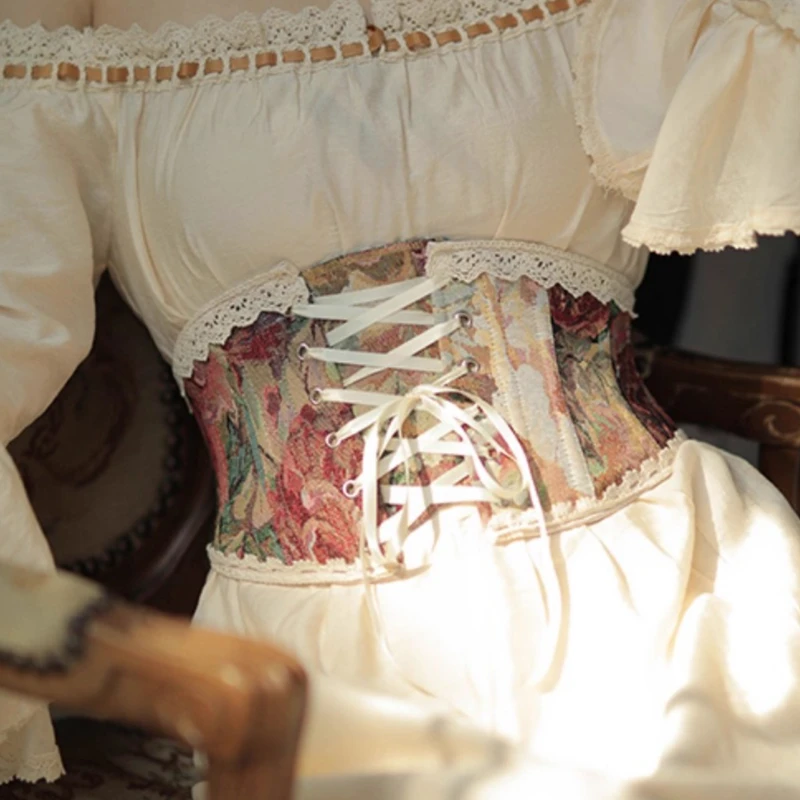

Женский корсет с французской вышивкой на талии, утягивающий пояс, короткий торс, картина маслом, Моне, садовое кружево, сексуальные бюстье в стиле Лолиты