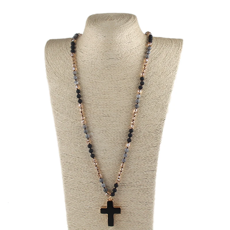 Fashion Bohemian Jewelry Accessory 6mm Stone/Glass Knotted Cross Stone Pendant Necklaces For Women