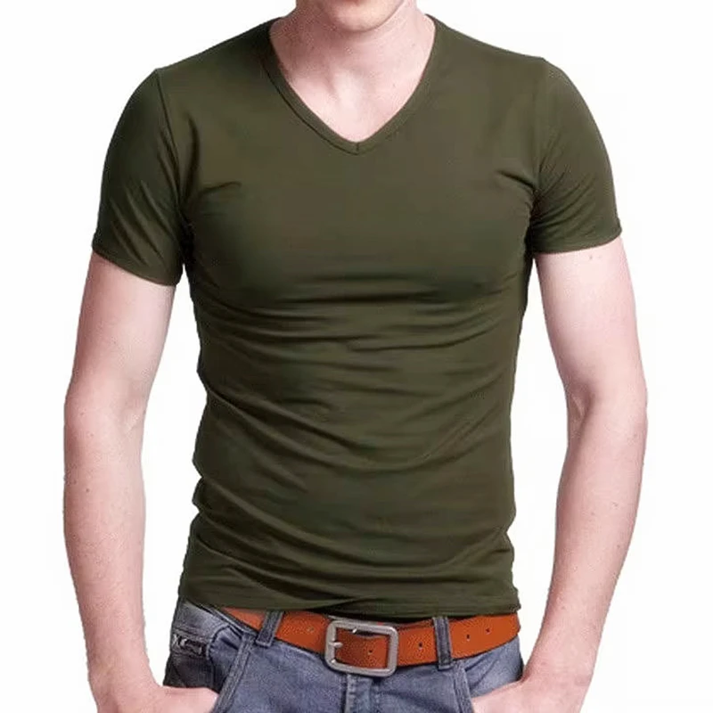 Camiseta monocromática de manga curta masculina, gola V stretch, tops masculinos, camiseta de poliéster, calças justas finas, 2024