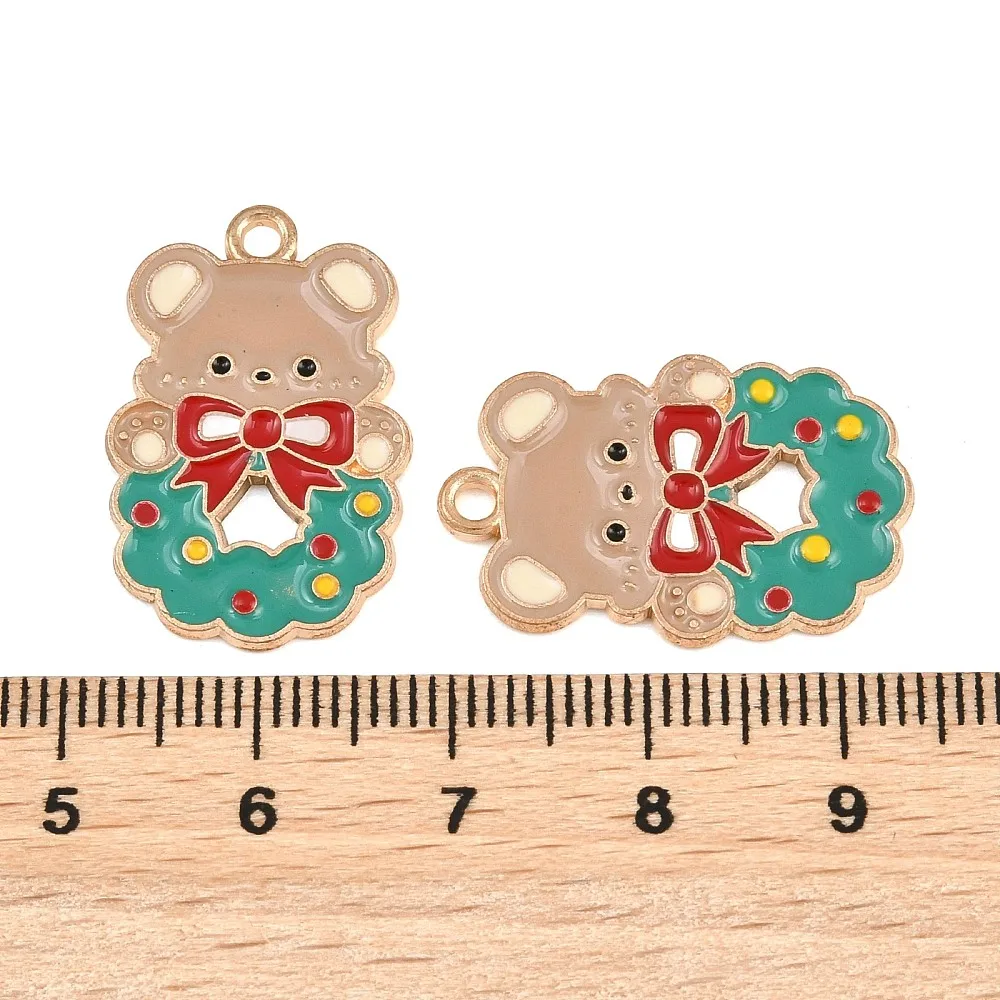 100pcs Christmas Bear Wreath Enamel Charms Alloy Pendants Xmas Bow Bear for DIY Jewelry Making Necklace Bracelet Craft Supplies