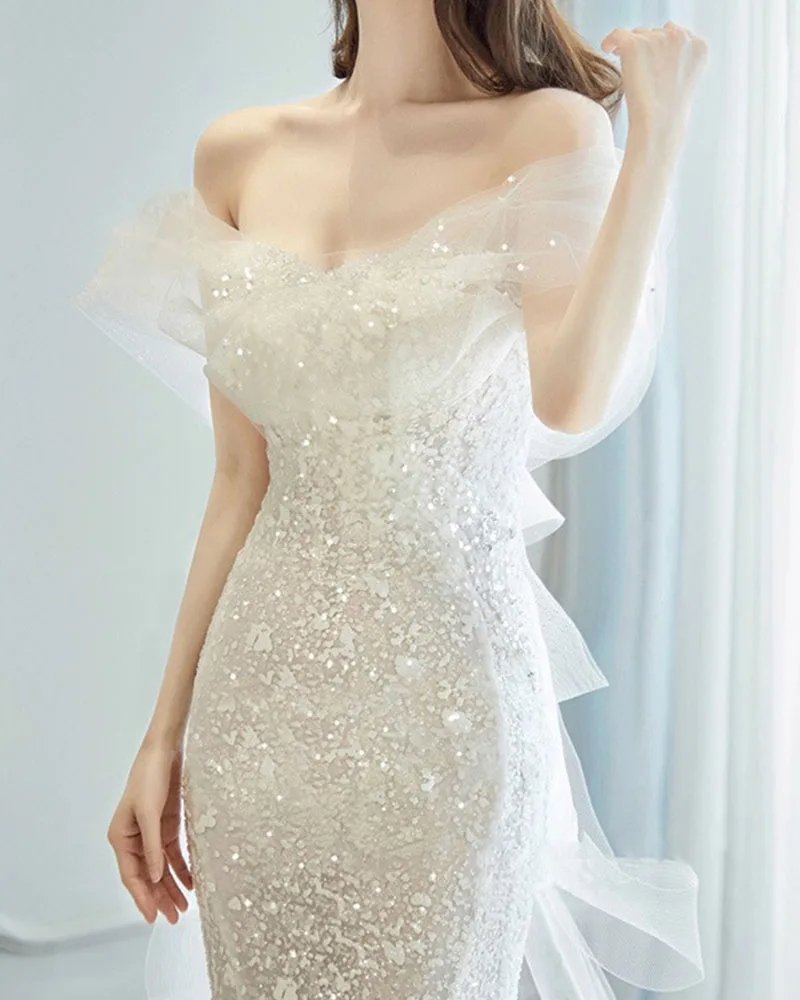 Vestidos de novia de cola de pez de lujo 2025, nuevo estilo, vestido de novia de hadas con lentejuelas de un solo hombro, vestido de noche