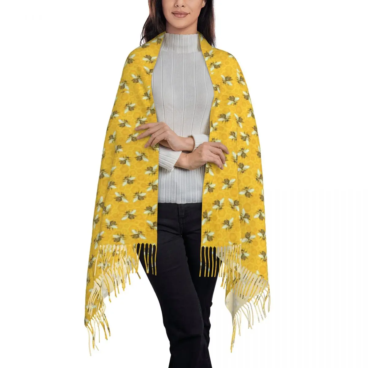 Ladies Scarf Warm Honey Bees Scarves Wraps with Long Tassel Cute Honeycomb Luxury 2024 Shawls and Wraps Autumn Graphic Foulard