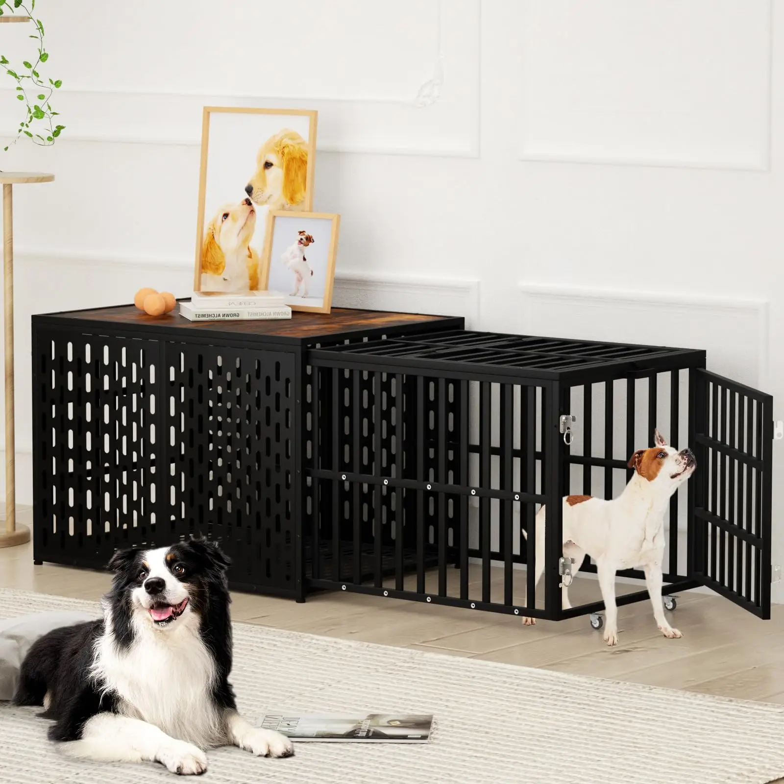 

38 to 70 Heavy Duty Dog Crate Furniture Dog Cage Kennel Pull-Out Design 3 Doors Strong Metal Large Pet Crates Kennel for Dogs