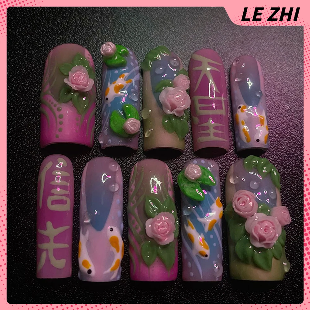 Европа Америка Y2K Spice Girl Длинная квадратная форма Ручная работа Пресс на ногтях Вода Бризли Губы Зубы Алмазный бант Цветы Накладные ногти