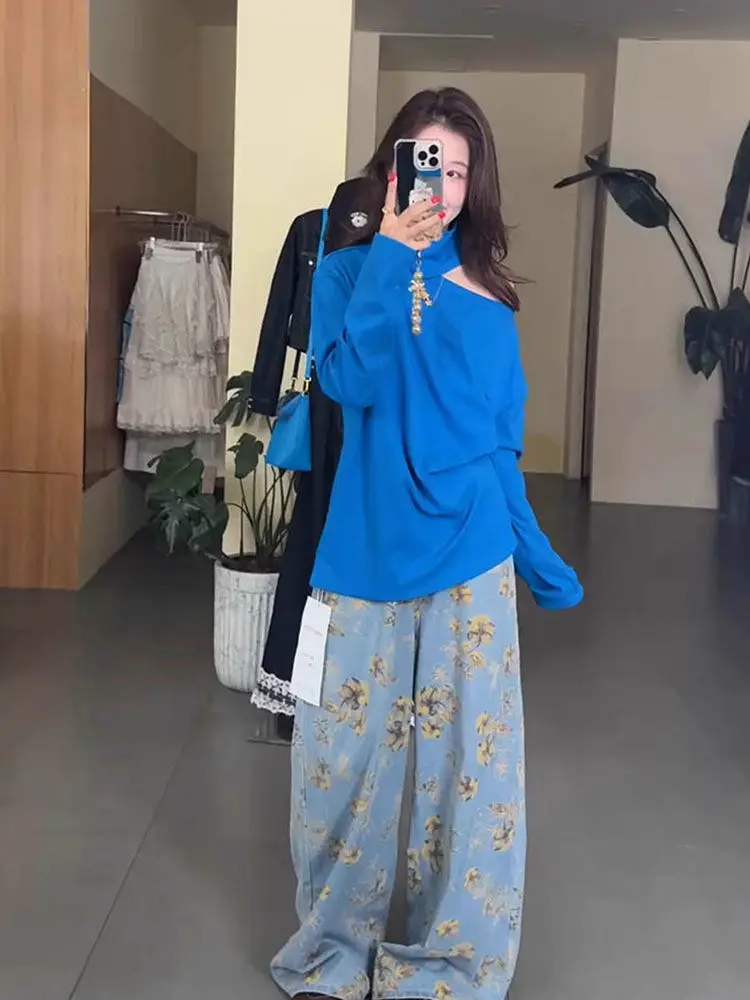 Femmes Vintage fleur imprimé bleu Denim jean fille pantalon bas décontracté été femme taille haute jambe large Denim pantalon