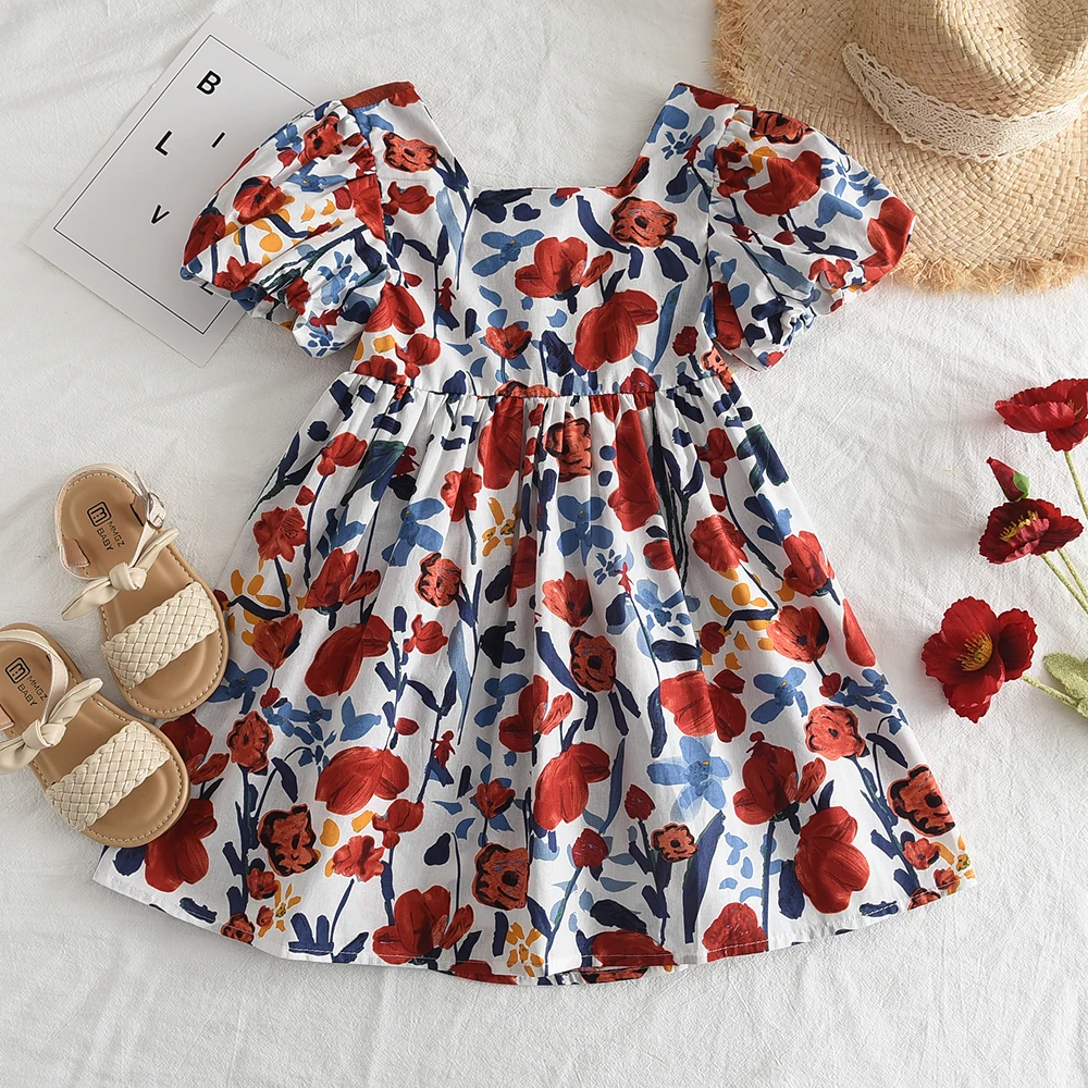 Bear Leader Girl Summer Dress Outfits 2023 New Girls Floral Princess Dress Backless Tie Bow Puff Sleeve Fashion Dress for 3-11 Y