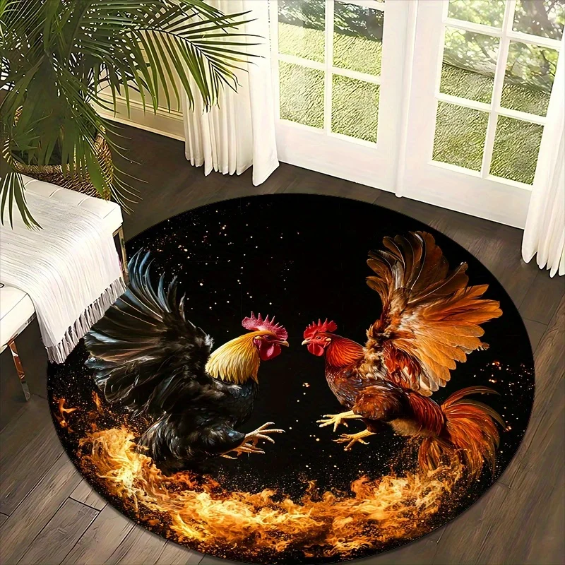 fiery red rooster is fighting Flannel-printed round floor mats are slip-resistant Suitable living room terrace garden carpets