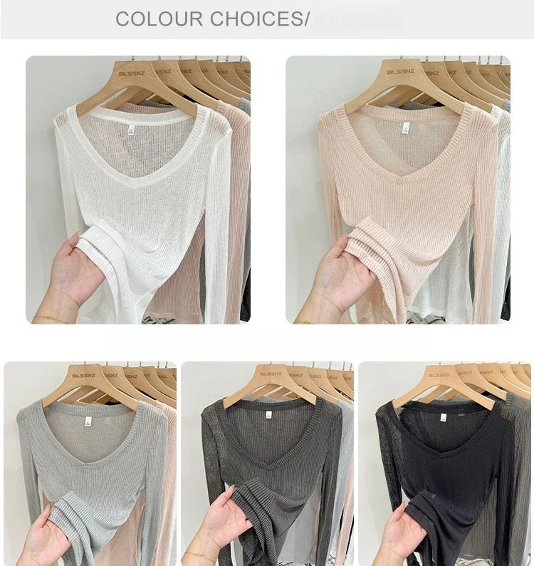 Zjaiss Damen T-Shirt mit V-Ausschnitt, Sonnenschutz, Langarm, Sommer 2026, Neuer Lazy-Style, Transparentes, Dünnes, Durchsichtiges Überwurf-Top – Detail 3