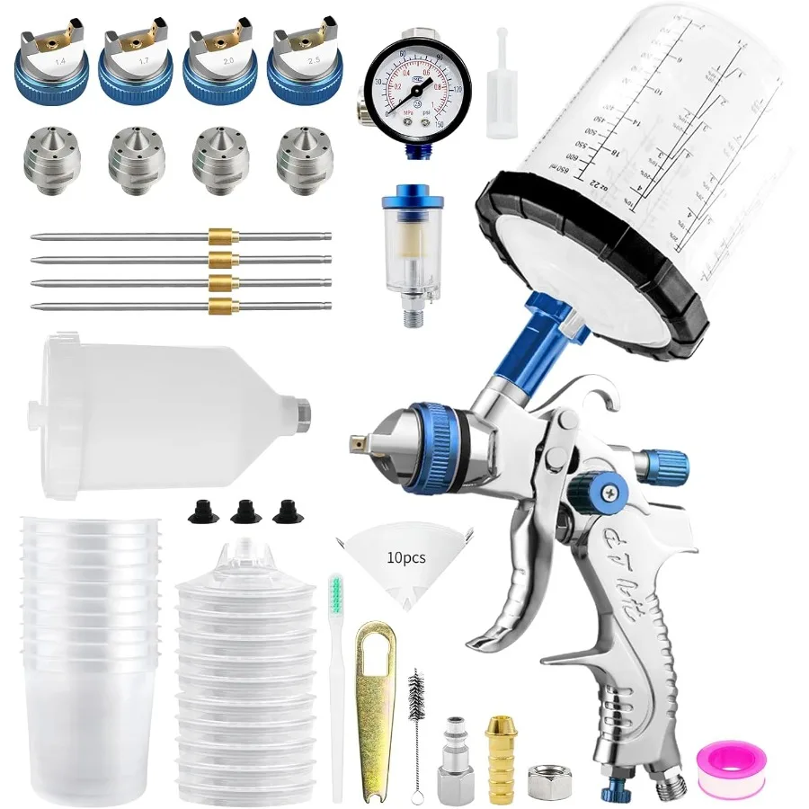 

Пистолет-распылитель HVLP с 10 одноразовыми чашками для краски на 650 мл и 4 насадками в воздушном пистолете с гравитационной подачей 1,4/1,7/2,0/2,5 мм идеально подходит для A