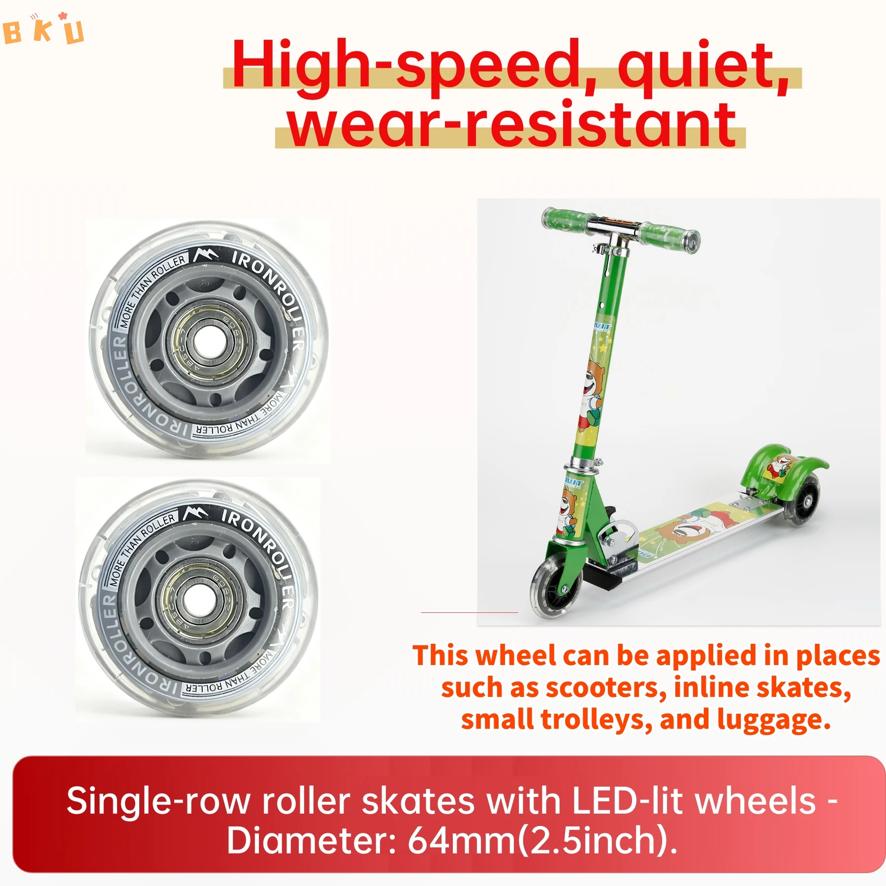 Paquete de 2 ruedas con luz LED de 64 mm (2,5 ") de material PU con rodamientos ABEC-7, brillo colorido para patines/scooters/equipajes en línea