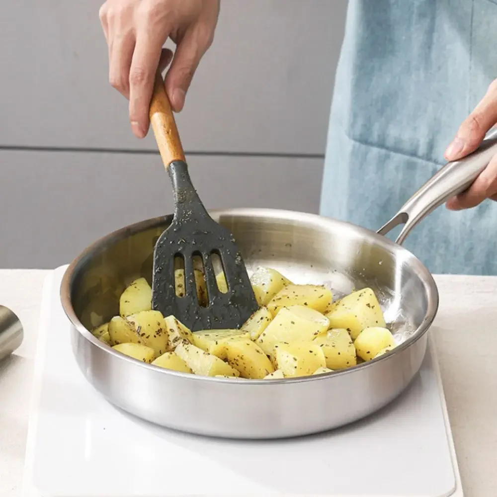 

Easy To Clean Uncoated Stainless Steel Frying Pan Flat Bottom Thickened Frying Wok Universal Nonstick Fried Steak Pot Home