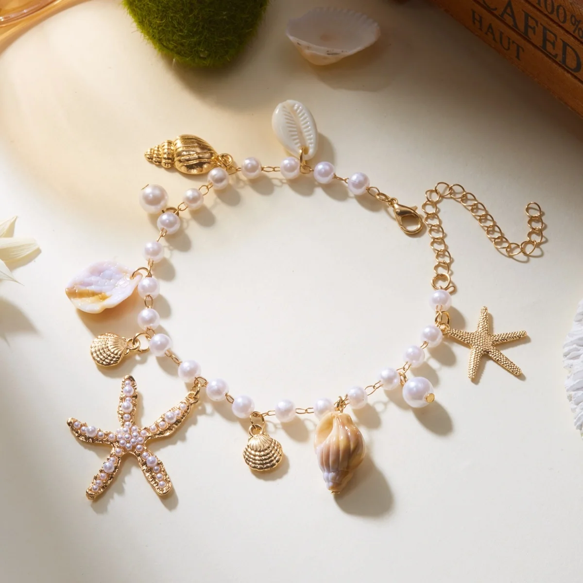 Imitationsperlen-Seestern-Muschel-Anhänger Halskette Armband Fußkettchen Set für Damen und Herren Boho Seestern Sommer Schmuckset – Detail 23